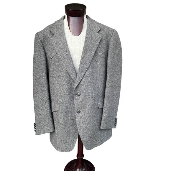 Farah Westernwear Mens Gray Herringbone 100% Wool  Sportcoat Jacket 46L - Read - Picture 1 of 15